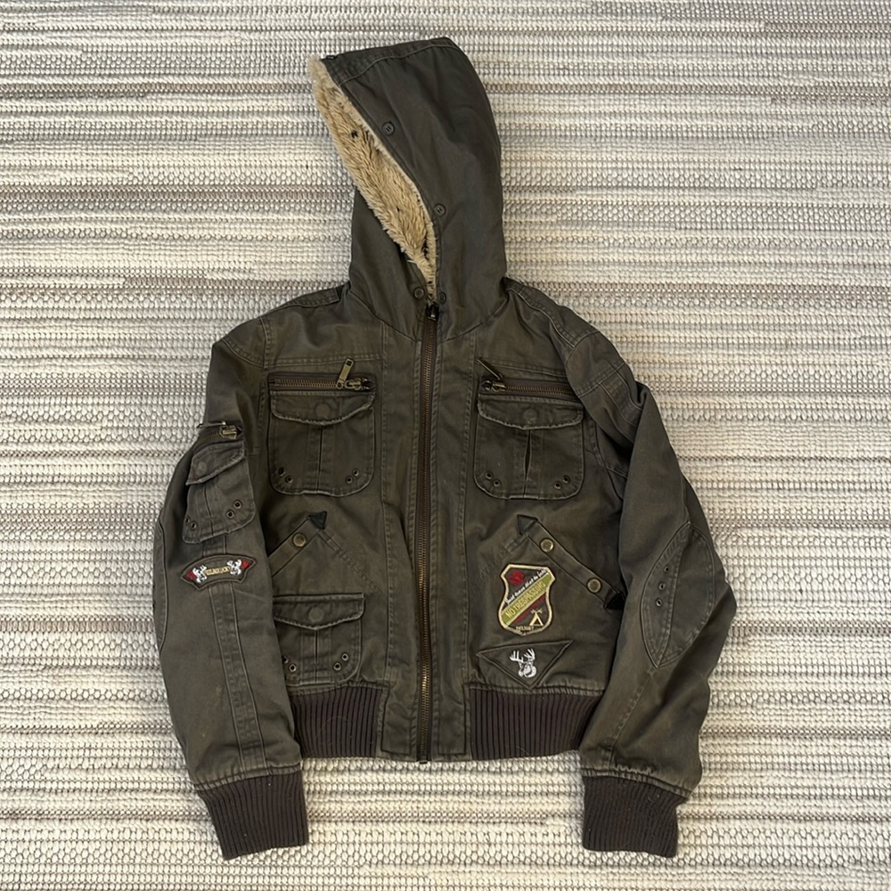 Y2K Gadzooks Cropped Utility Jacket Army Green with Patches Med